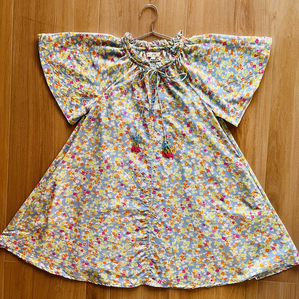 Roller Rabbit Temmy Dress Blue Meadow Floral Tassel Tie Cotton Silk – Size S